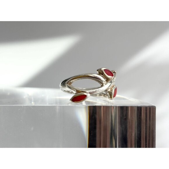 Olive Branch Natural Coral Accented Wrap 925 Sterling Silver Vintage Ring - sz 6 - Picture 3 of 13